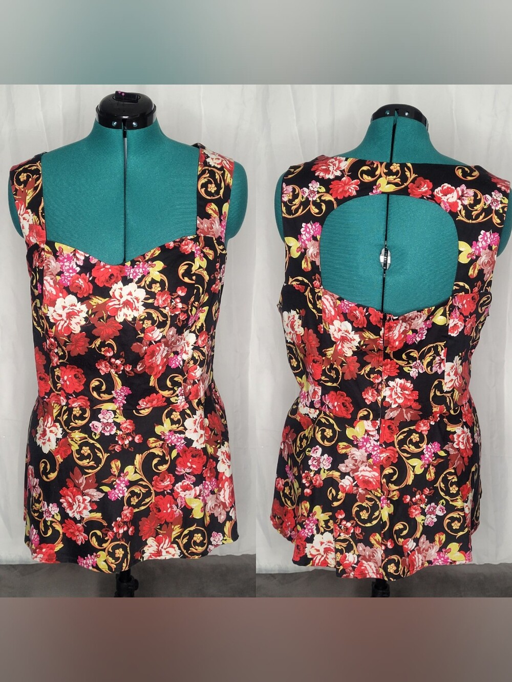 Torrid 4 Black Red Floral Bustier Peplum Rockabilly Pinup Girl Blouse Whimsical
